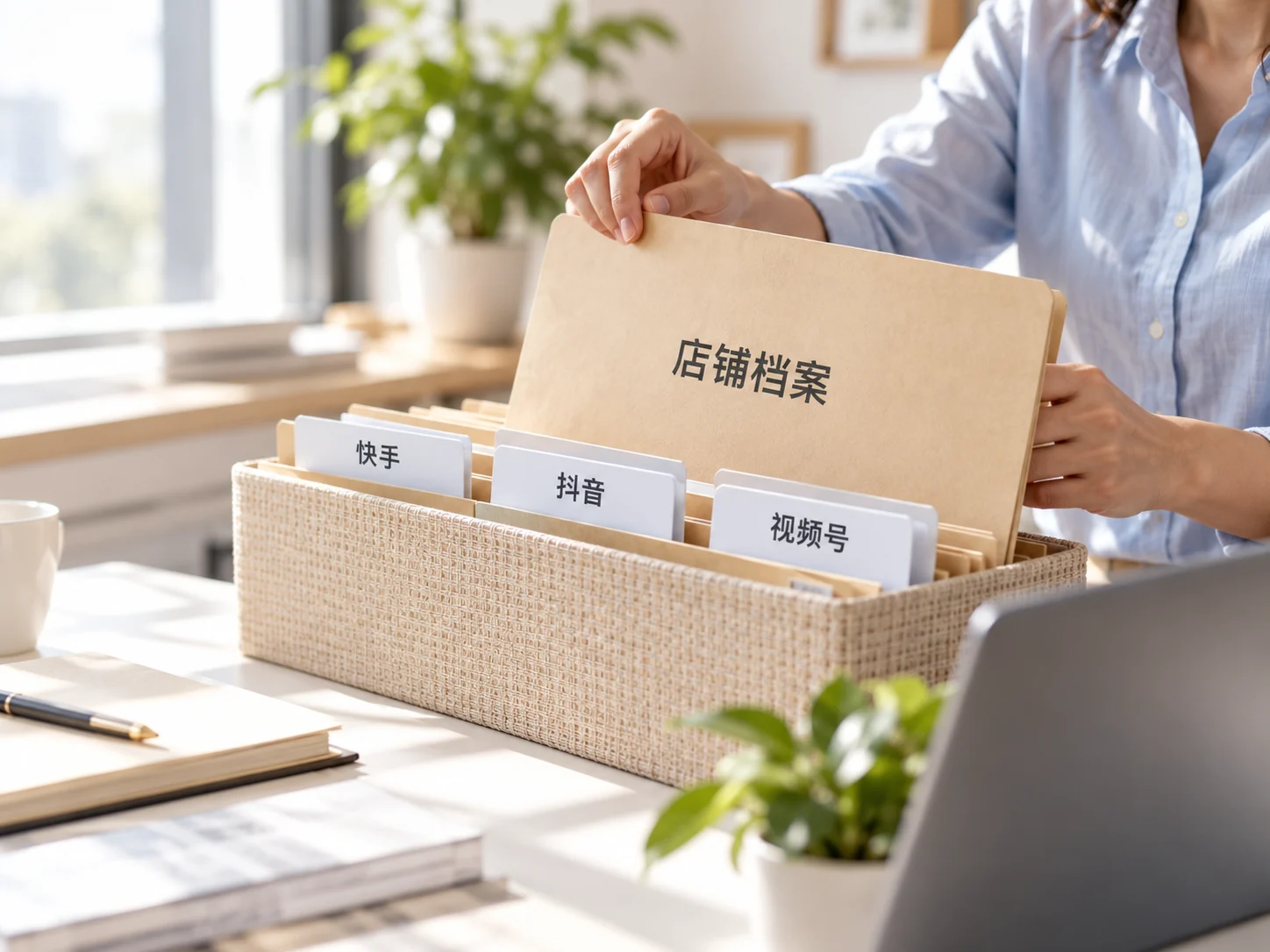 在桌前整理店铺档案